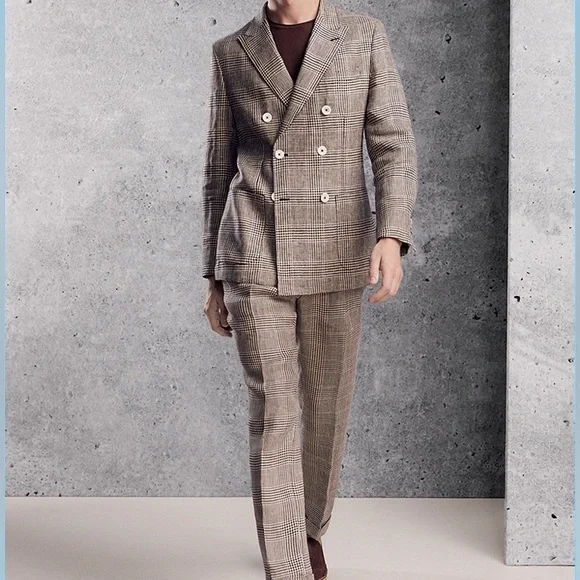 Massimo Dutti Brown Plaid Double-Breasted 100% Linen Suit - Picture 3 of 10